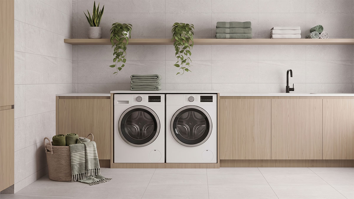Laundry room designed using the 60-30-10 interior design rule with balanced tile and colour scheme