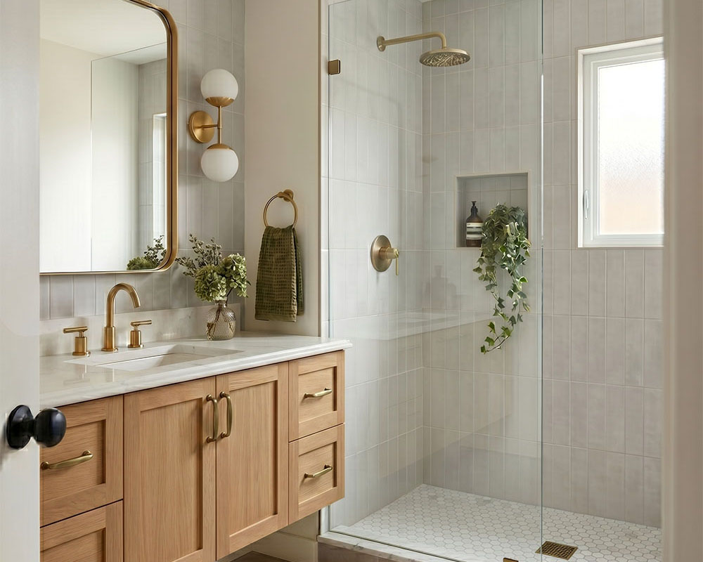 Contemporary grey bathroom featuring Artisan grey wall tiles with a floating timber vanity and matte black tapware