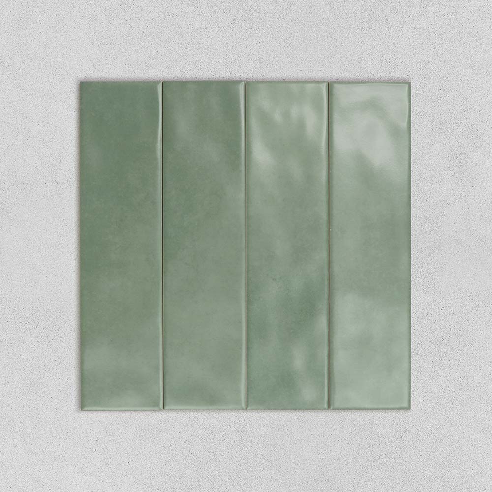 Close-up layout of Artisan Sage 75x300 wall tiles showcasing handcrafted subway tile pattern
