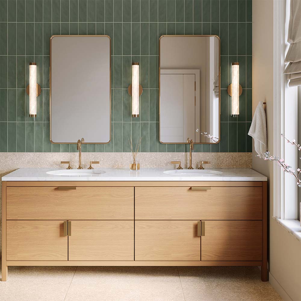Contemporary bathroom featuring Artisan Sage wall tiles with soft green tones and textured finish