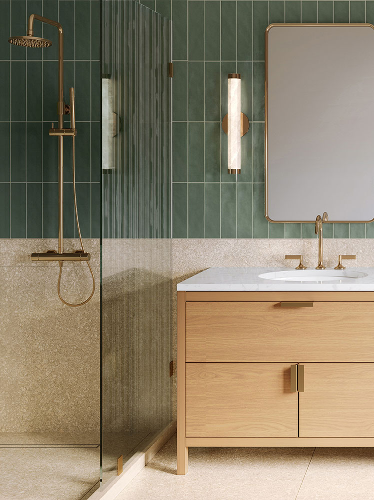 Small bathroom design featuring Artisan Sage green subway wall tiles with a light timber vanity and brushed brass fittings