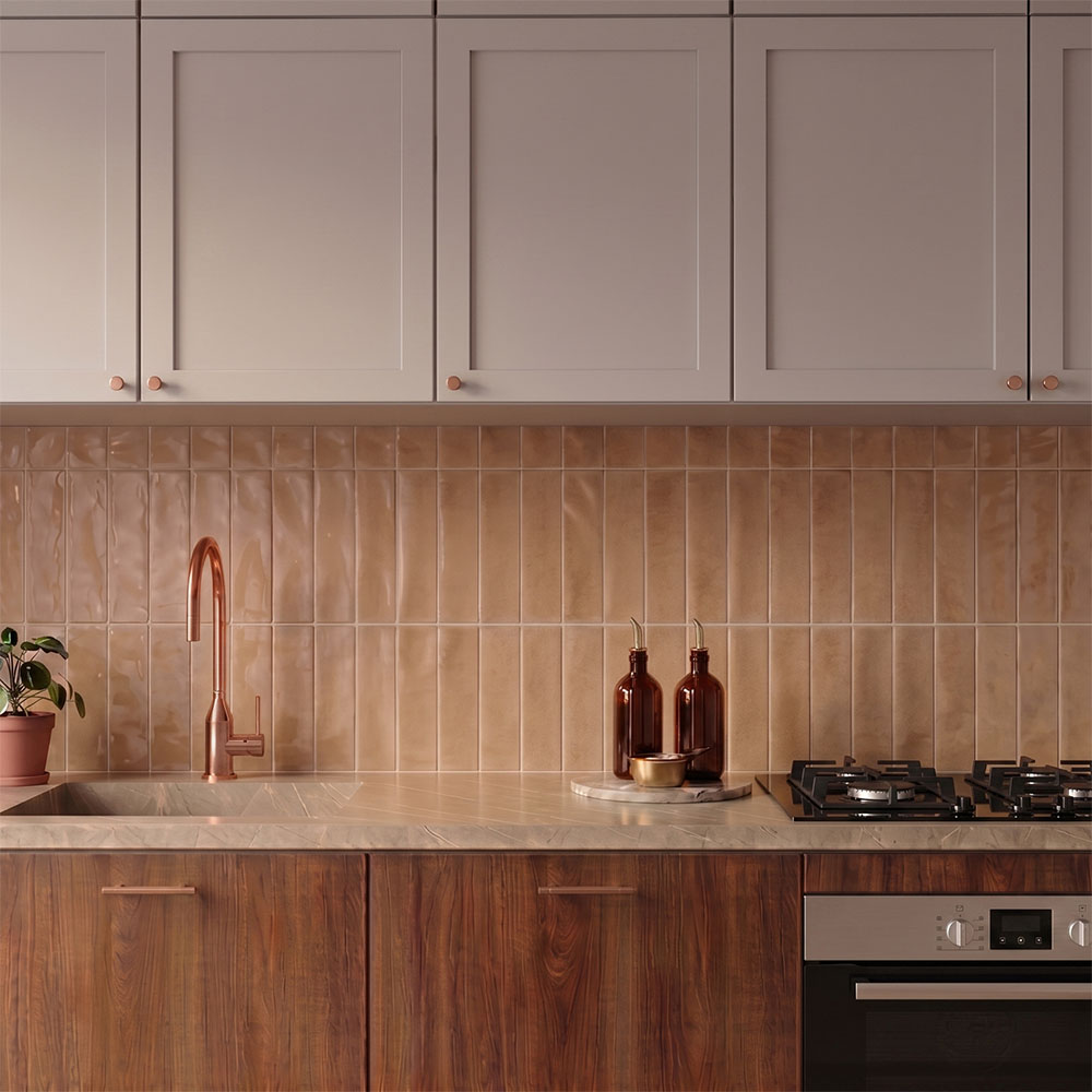 Warm contemporary kitchen featuring Artisan Terra tiles with earthy terracotta tones
