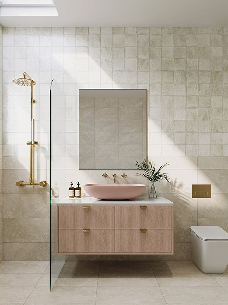 Bright bathroom featuring Solar patterned wall tiles paired with neutral floor tiles and modern fixtures