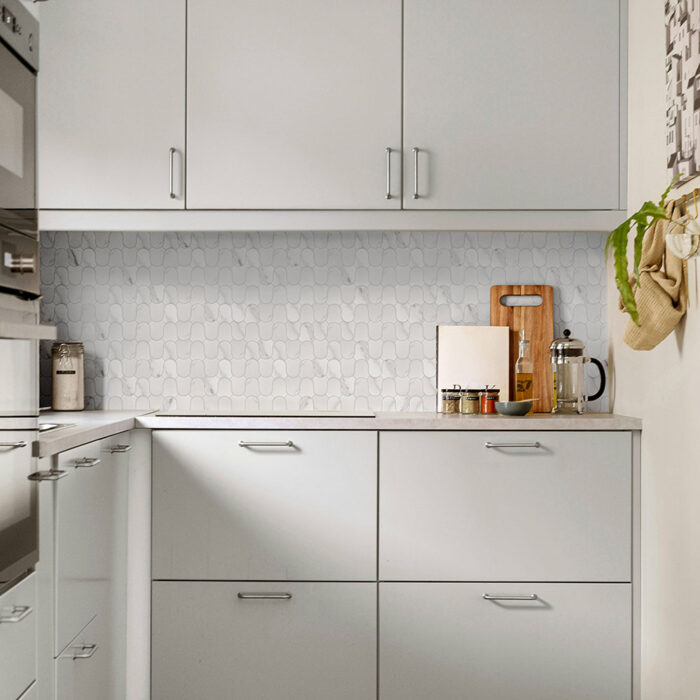 Bellaflair Carrara mosaic tiles in modern elegant kitchen setting