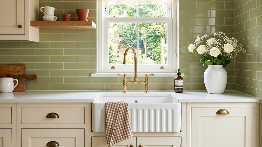 Kitchen splashback featuring Botanical green tiles, adding a rich, nature-inspired focal point to the space.