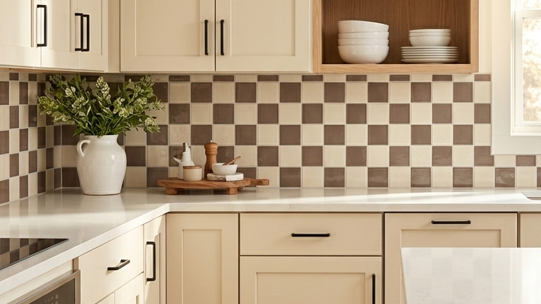 Kitchen splashback showcasing a checkerboard tile pattern, offering a bold and timeless design statement.