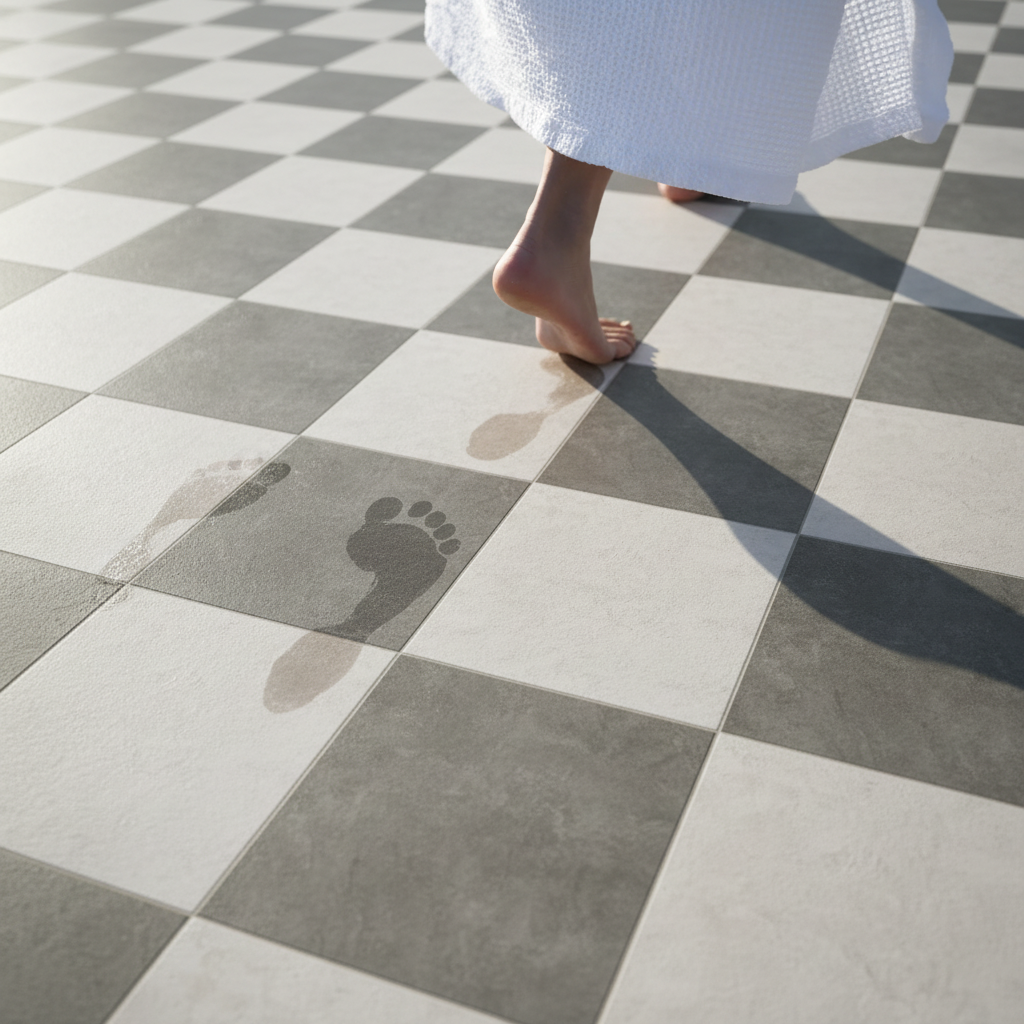 Checkerboard patterned tiles with slip resistant finish.