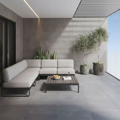 Chicago concrete-look tile range designed for indoor–outdoor living and pool areas.