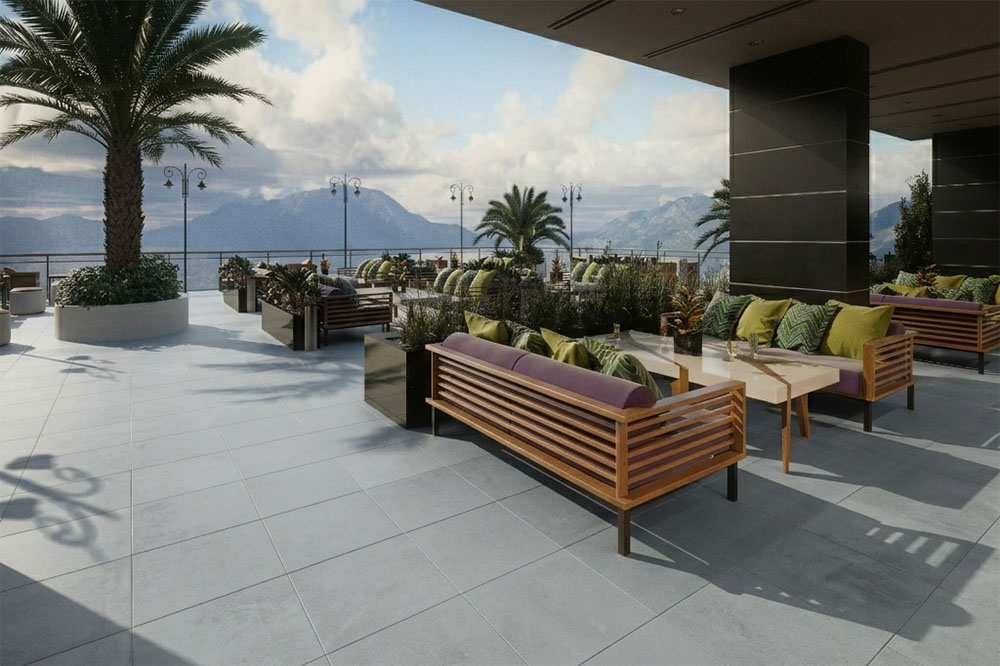 Hotel outdoor entertaining area paved with Chicago Pavers