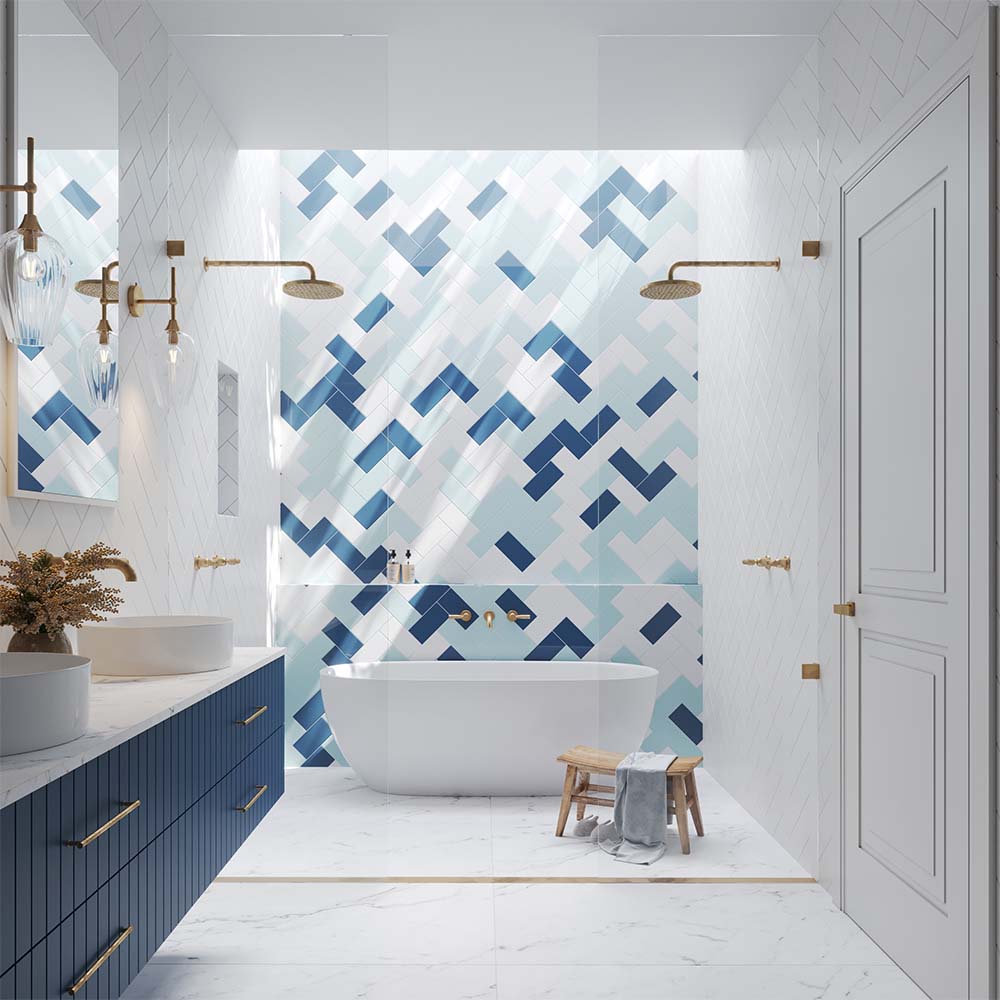 Coastal-style bathroom with light textured tiles and soft neutral interior finishes