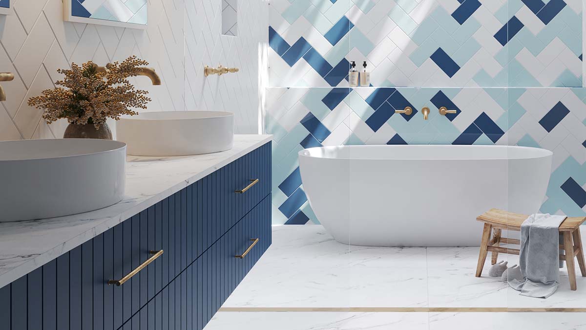 Coastal bathroom design featuring calming blue and green toned tiles inspired by ocean and nature