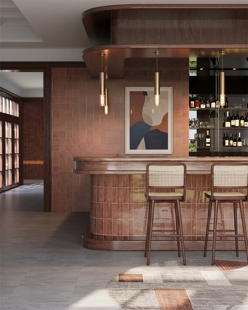 Commercial food service area featuring Solar Brick and Urban Cement Natural tiles.