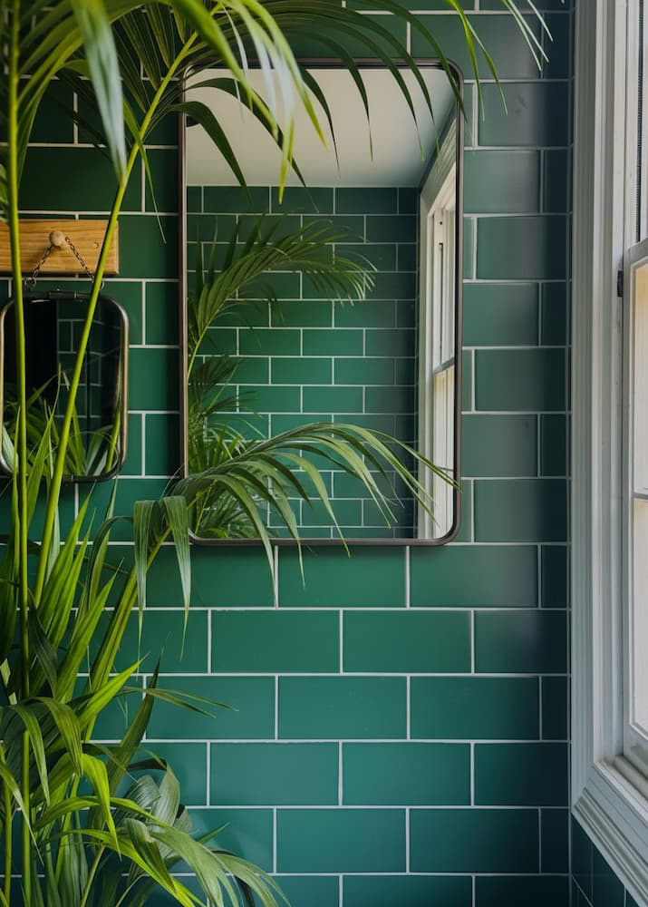 Small bathroom with a decorative tiled feature wall, floating vanity and contemporary brushed metal fittings