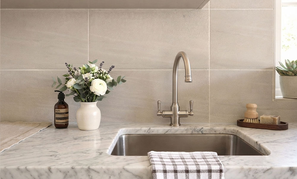 Kitchen splashback with Desert Sky tiles, bringing soft blue tones and a calm, contemporary feel to the space..