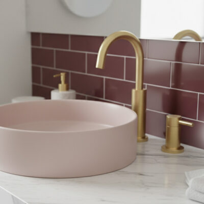 Modern interior bathroom featuring glazed wall tiles with a satin matt finish around a vanity and shower area.