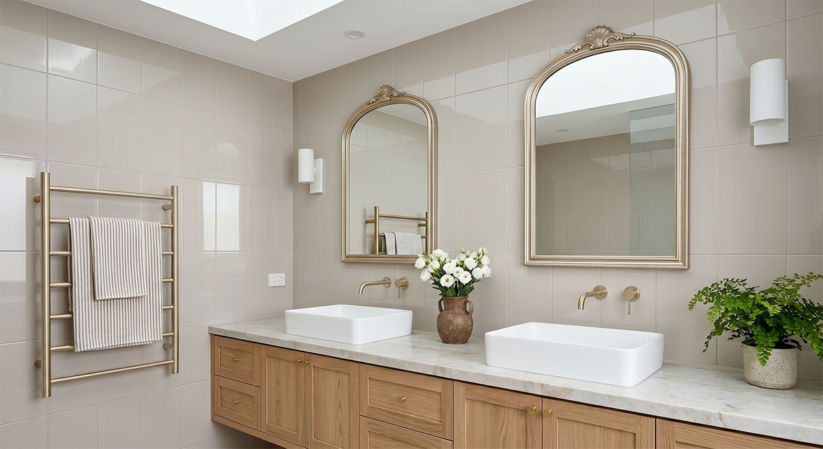 Bathroom featuring Granite Gloss tiles styled using the 60-30-10 interior design rule for colour balance