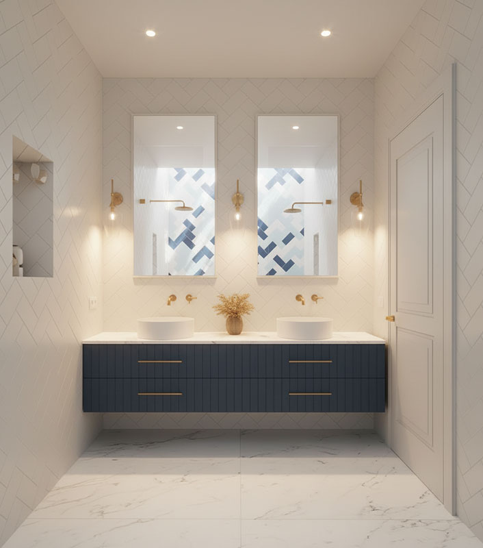 Herringbone laid subway tiles creating a classic feature wall in a contemporary interior