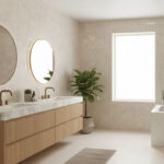 Hotel apartment bathroom with light ceramic floor tiles rated P2, suitable for low-slip residential wet areas.