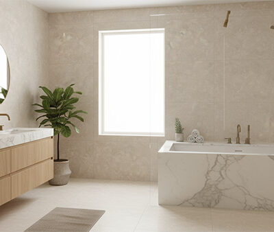 Hotel apartment bathroom with light ceramic floor tiles rated P2, suitable for low-slip residential wet areas.