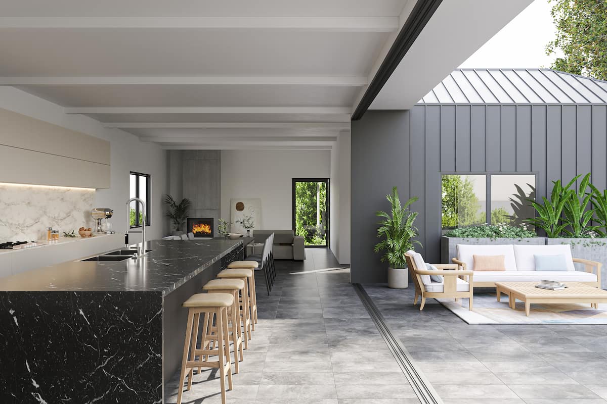 Indoor and outdoor Caspian tiles installed