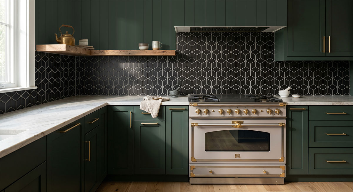Kitchen setting designed using the 60-30-10 interior design rule for balanced colour distribution