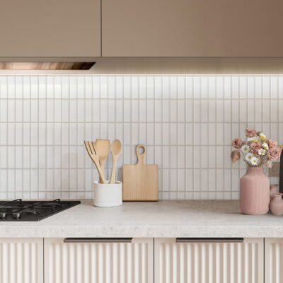 Luster glossy mosaic tile range with raised edges offering light-catching dimension.