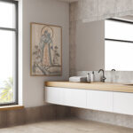 Mediterranean-style bathroom with patterned and textured tiles.