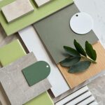 Moodboard featuring various green tiles, showcasing different shades and finishes.