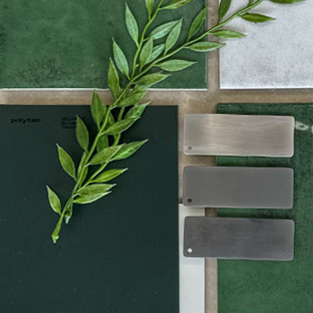 Olive-green tiles in a flatlay as part of a design moodboard