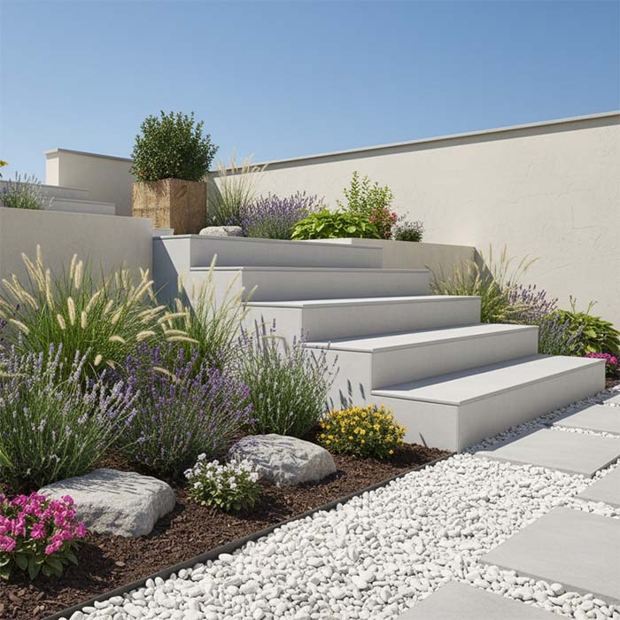 Outdoor pavers and tiles installed in a high-traffic space, showing wear resistant surface.