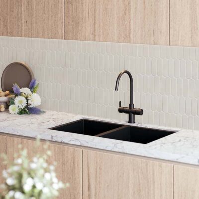 Ovella oval mosaic tile range offering soft contemporary texture in White or Beige.