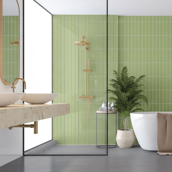 Pastella Grass Gloss tiles showcased in a bright bathroom setting with soft green tones and glossy finish