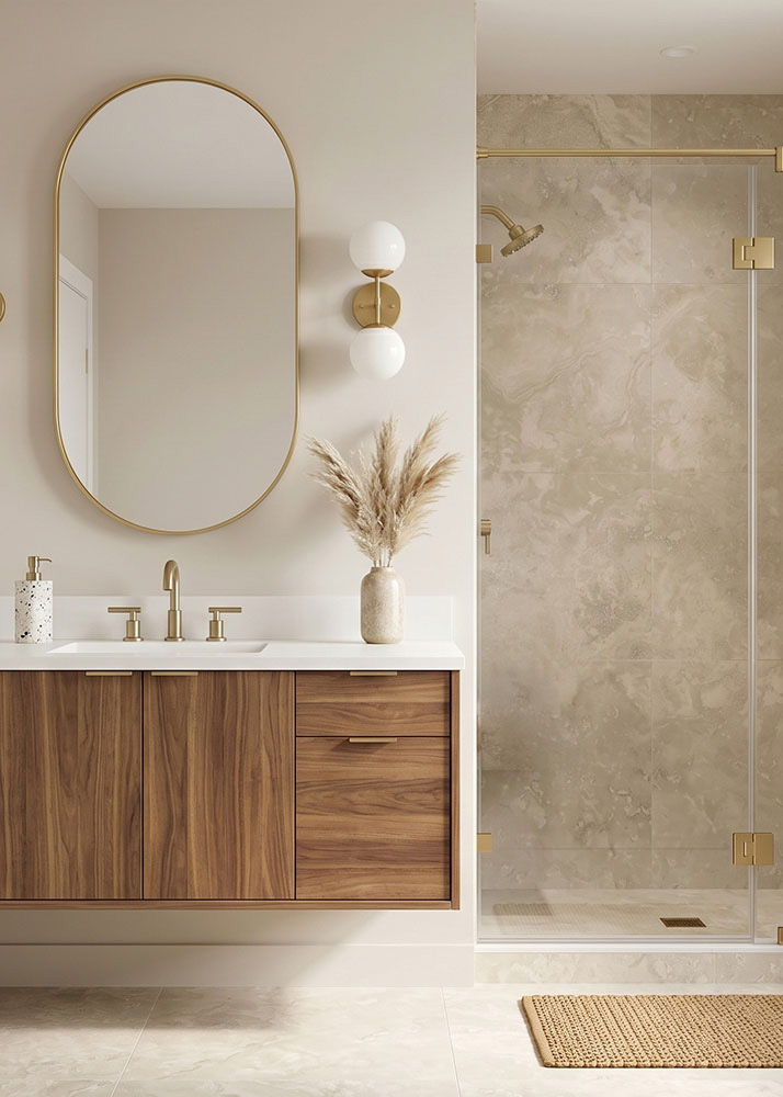 Compact bathroom featuring Milazzo stone-look tiles with a walk-in shower and warm timber vanity