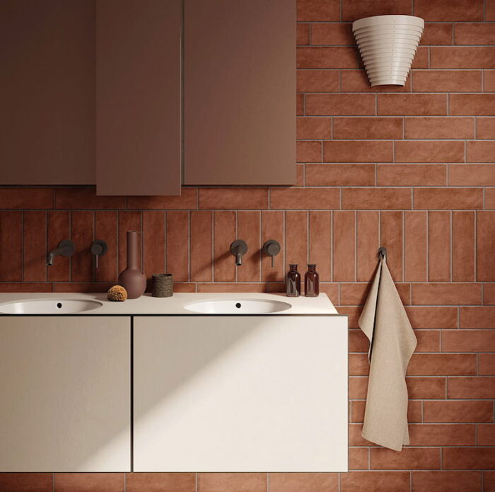 A stylish bathroom adorned with sleek Solar Brick matt tiles for a modern touch.