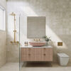 Modern bathroom setup showcasing Solar Pearl and Milazzo Gold tile designs.