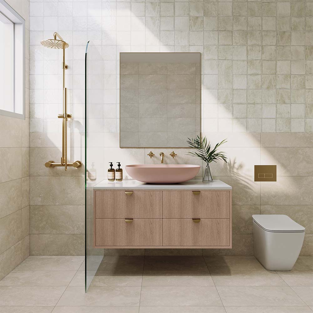 Modern bathroom with Solar Pearl 150x150 feature tiles and Milazzo Gold 300x600 wall tiles