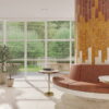 A stylish hotel lobby featuring a tiled column with a warm colour palette of Solar Pearl, Brick, and Amber.