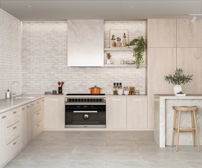 Modern kitchen design highlighted by a trendy Solar Pearl Gloss tiled wall.