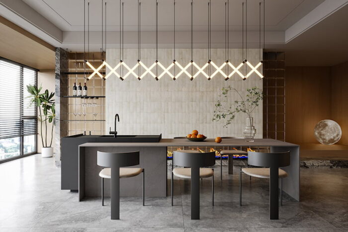 Contemporary dining showcasing white walls in Solar Pearl Gloss tiles.