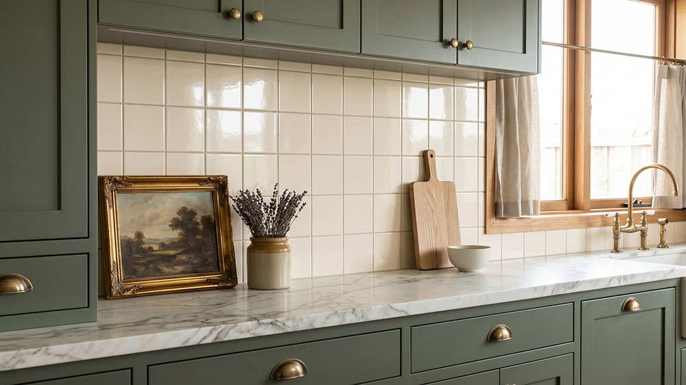 Kitchen splashback featuring Spectrum Classic Cream tiles, delivering a warm neutral backdrop suited to both modern and classic kitchens.