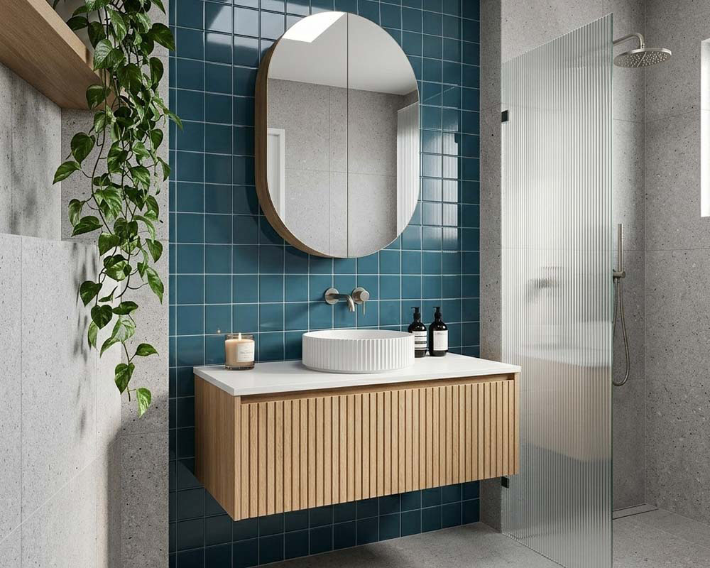 Small bathroom showcasing the Spectrum colour range of wall tiles with a modern vanity and minimalist styling