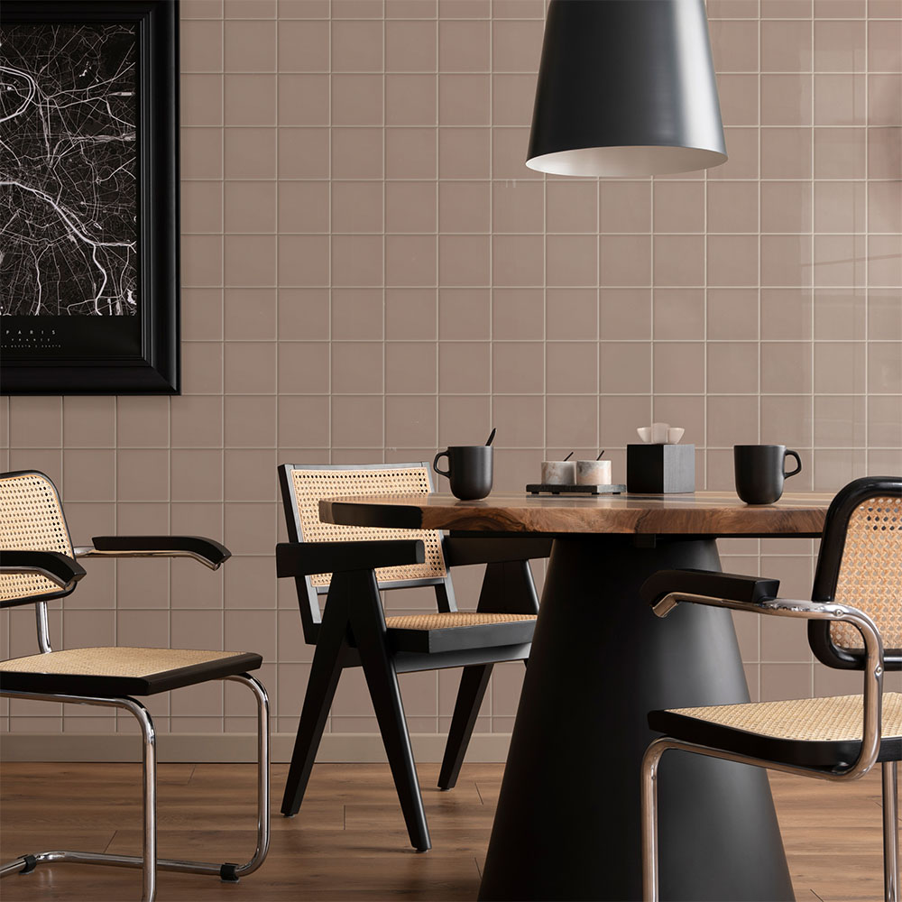 Lifestyle interior featuring Spectrum Mocha tiles with rich brown tones and glossy finish