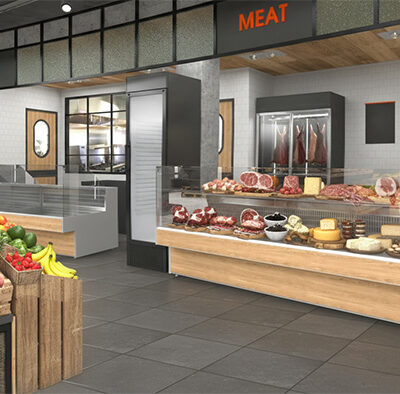 Supermarket fresh produce section with P3 R10 slip-resistant flooring and fruit and vegetable displays.