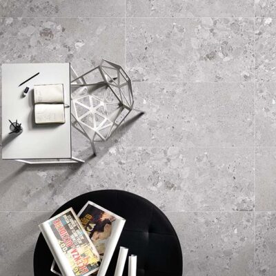 Terrazzo tile range featuring refined aggregate patterns with European-inspired style.