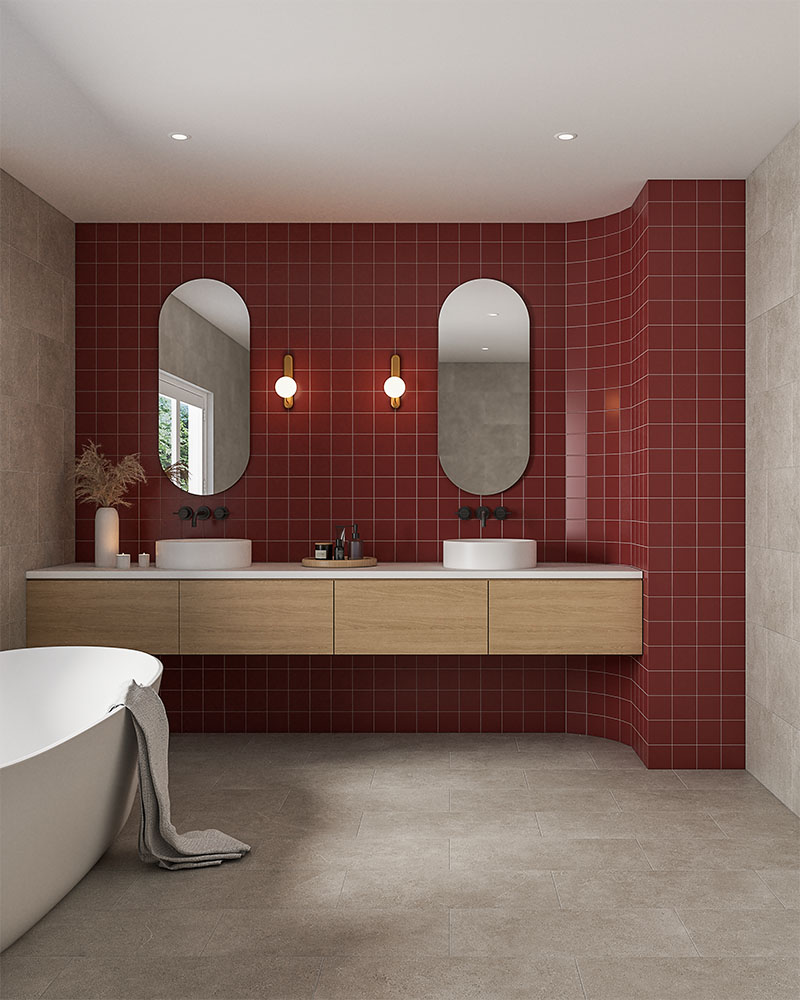 Bathroom featuring Twilight and Spectrum Plus Barn Red wall tiles.