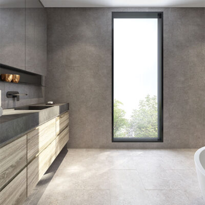 Urban Cement concrete-look porcelain tile range with raw aggregate styling.