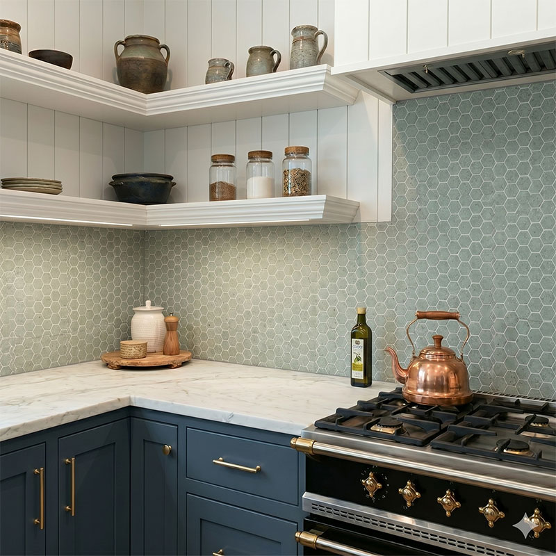 Urban Cement Grey Mosaic tiles used as a kitchen splashback with a modern industrial-inspired look