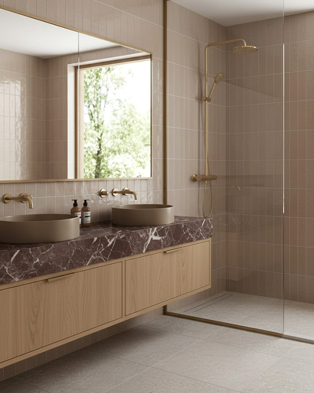 Bathroom featuring Urban Cement floor tiles styled with the 60-30-10 interior design rule for cohesive design