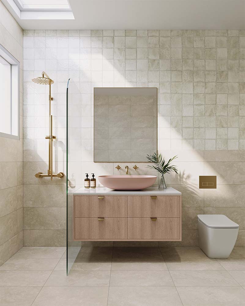 Matching wall and floor tiles in a modern bathroom creating a cohesive, minimalist look